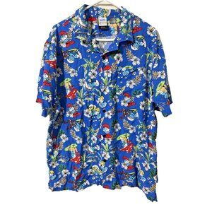 The Smurfs Hawaiian Blue Button Down Mens Shirt Size XL